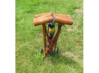 Vintage Wooden Croquet Set With Metal Cart Stand