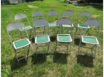 9 Vintage Metal Folding Chairs - Green Pads