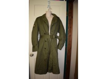 Vintage 1953 US Army Trench Overcoat With 3 Patches- Green, WW2/Korea Era Reg Small