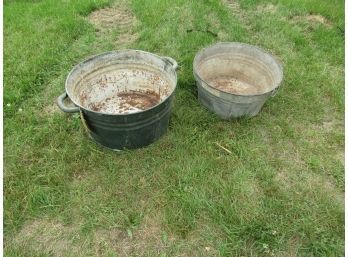 2 Large Metal Galvanized Pans Buckets Tubs
