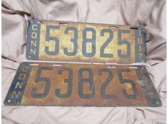 PAIR (2) ANTIQUE 1917 Connecticut State License Plates - FLAT