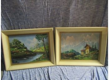 2 PAINTINGS ON CANVAS SIGNED MORETTI RIVER & MOUNTAIN SCENE