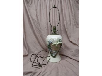 LARGE HEAVY TABLE LAMP WITH APPLIED HUMMINGBIRD & FLOWERS