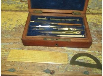 ANTIQUE ARCHITECT DRAFTING TOOLS IN WOOD BOX - J Parks & Son
