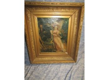 FRAMED UNSIGNED PAINTING ON BOARD VICTORIAN WOMAN & MAN