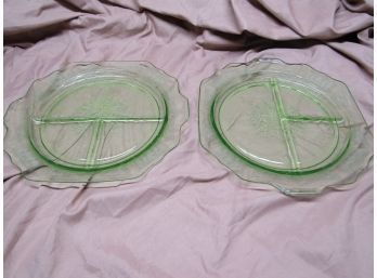 2 Green Glass Divided Dinner Plates