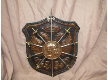 VINTAGE LEATHER SHIELD COAT OF ARMS WITH TOLEDO SWORDS
