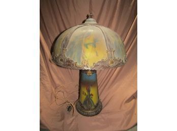 Peacock Table Lamp - Glass & Metal Reverse Painting