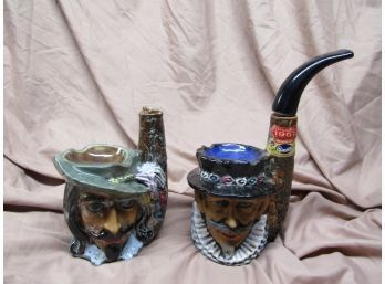 2 HANDPAINTED FIGURAL TOBY MUG DECANTER ASHTRAYS MADE IN ITALY
