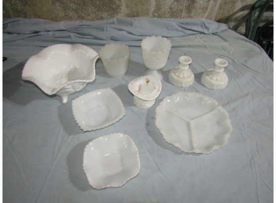Vintage Milk Glass Lot - Plates Bowls Candlesticks