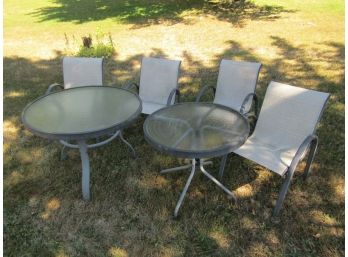 2 ROUND METAL PICNIC TABLES & 4 LAWN CHAIRS