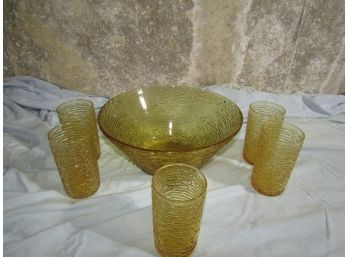 Vintage MCM Yellow/Gold Glass Bowl & Tumblers
