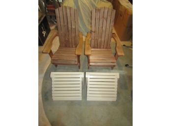 2 WOOD WOODEN ADIRONDACK CHAIRS & FOOT RESTS BY MICHAIL HALLORAN