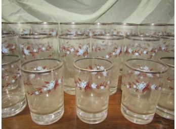 28 Drinking Glass Set - Tumblers, Juice- Silver Rim Floral Design