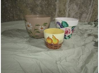 3 Ceramic Terra Cotta Flower Pots - Floral Design