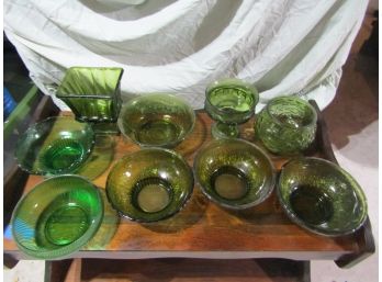 Green Glass Compote & Bowl Lot