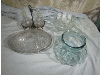 Vintage Clear Glass Lot - Ice Bucket, Casserloe Dish, Bowls, Cruet Set