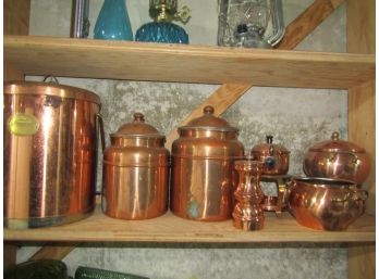 Copper Kitchen Lot - Cannisters, Ice Bucket, Fondue Pot, Pepper Mill