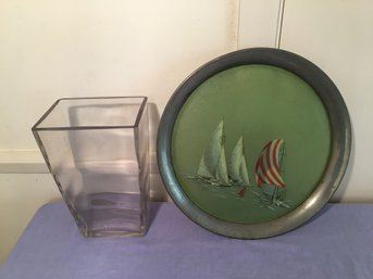 Glass Vase  And Vintage  Nautical Serving Tray