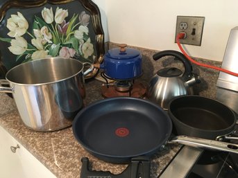 Variety Of Kitchen Items- 2 Pans, Fondue Pot , Tray, Kettle
