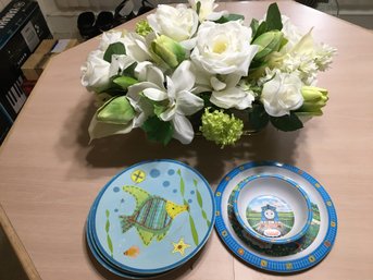 Childrens Dishware And Floral Arrangement With Glass Base