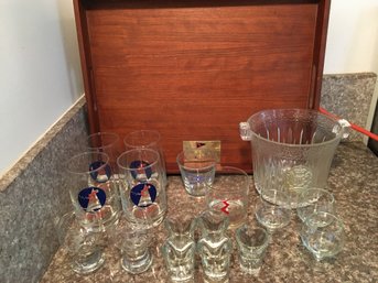 Assorted Glasses And Teak Tray Trophy