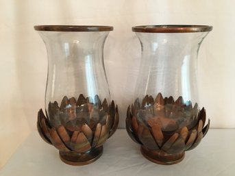 Pair Of Copper Finished Hurricane Lights