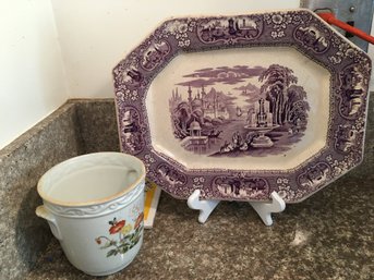 Vintage Platter And Ceramic Planter