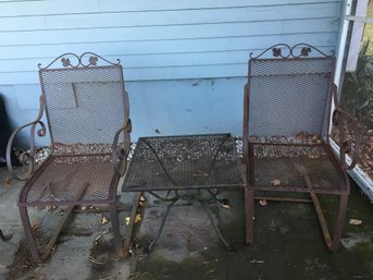 Pair Of  Wrought Iron Chairs And Side Table