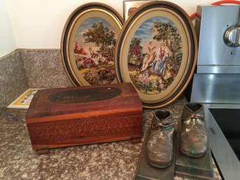 Vintage Assortment Needlepoint Portraits, Pair Of Vintage Brass Baby Shoes From 1930s,  Small Wooden Chest