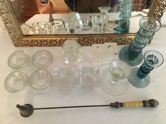 Mirrored Tray , Variety Of Glass Candlesticks  And Candle Snuffer