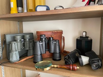 Binoculars, Magnifier, Flask