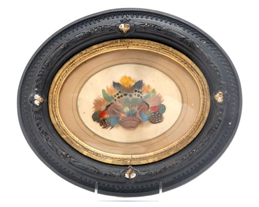 Oval Framed Miniature Basket Of Feathers