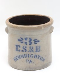 Antique E.S.& B. Salt Glazed Stoneware 3 Gallon Crock New Brighton, PA.