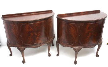 Antique Flamed Hardwood Claw & Ball Foot Demi Lune Sideboards- A Pair
