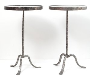 Silver Hammered Metal Mirrored Top Side Table- A Pair
