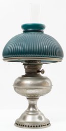Antique Metal Oil Desk Lamp With Mint Green Glass
