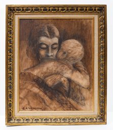 Mother And Child Paint On Board Signed G.A Yanosik