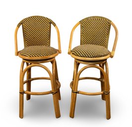 Set Of 2 Bamboo And Leather Bar Stools