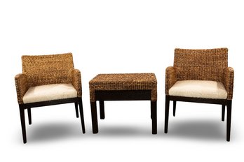 Set Of 2 Yothaka Rattan And Wood Chairs With Matching Side Table