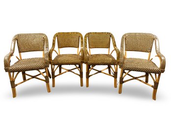 Set Of Four Leather Weave Arm Chairs On Bent Wood Frames