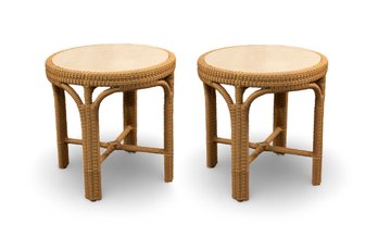 Marble And All Weather Wicker Side Tables - A Pair