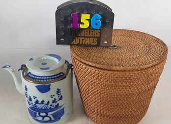 Teapot In Wicker Basket (lid Chipped/cracked)
