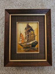 Oil On Hard Canvas Midcentury Nautical Ship Scene Signed