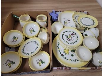 Brock Of California Pottery Yellow Farmhouse Rooster Mixed Plate Cup Set ( Mixed Condition)