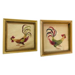 14.5 X 14.5 Lot Of 2 Vintage Needlepoint Roosters - Framed   #74