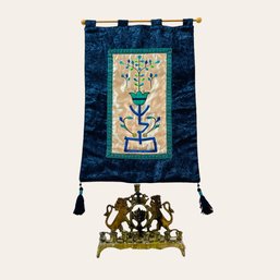 Hanukkah Bronze Candlestick With Two Lions And Crown And Kuzari Velour Embroidered Wall Hanging  #70