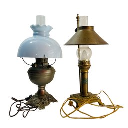 Vintage Brass Orient Express Table Lamp And Antique Converted Lamp With Milk Glass Shade  #68