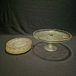Jeanette Glass Company Harp Depression Glass In Crystal W/gold Trim Cake Stand And 6 Dishes #6