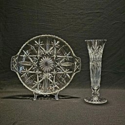 Hand Cut Crystal Vase And Round Dish #22